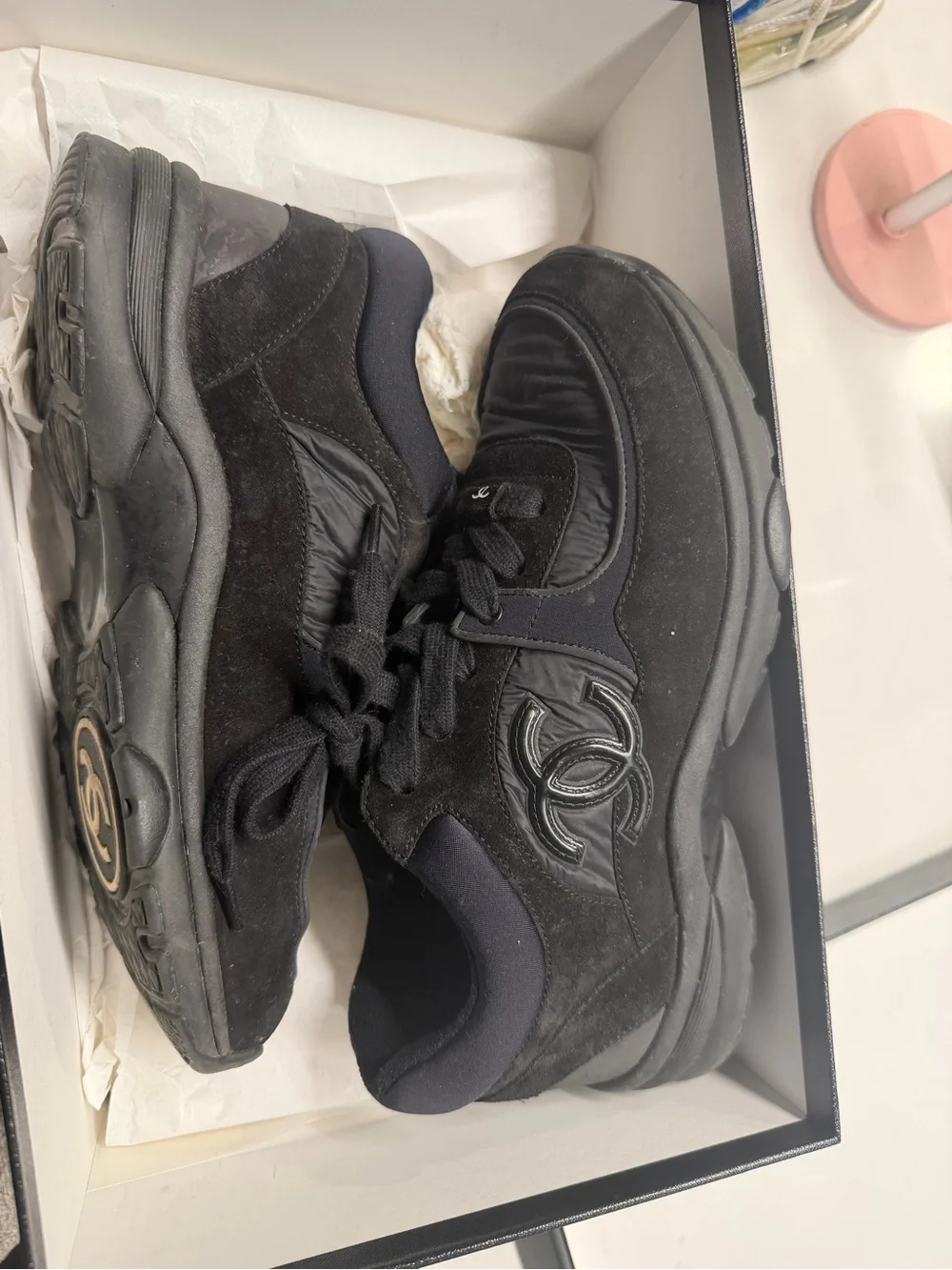 CHANEL Black Suede & Nylon Logo Sneakers